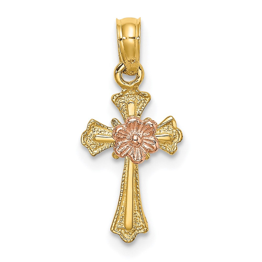 14K Bicolor Kreuz mit Blume Charm