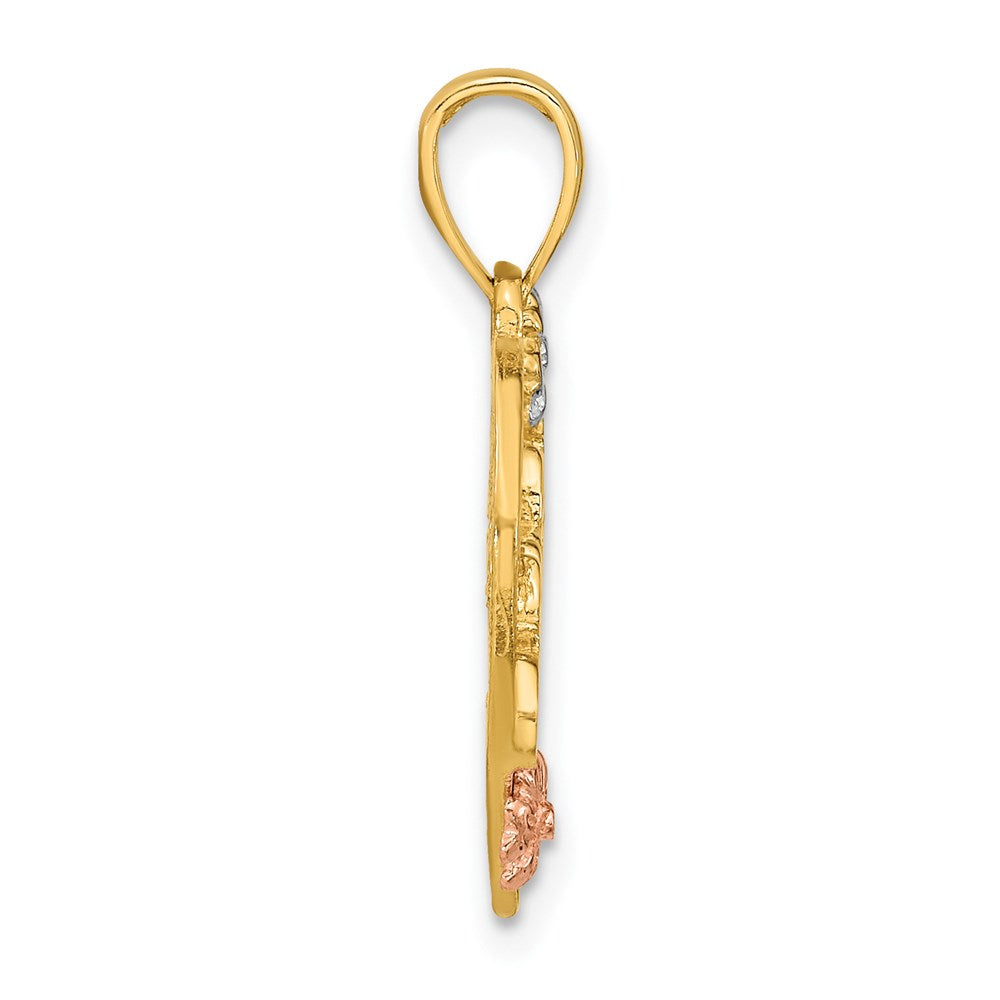 14K Bicolor-Gold (Weiß-Rhodium) Charm "SISTER" auf Herz mit Blumen
