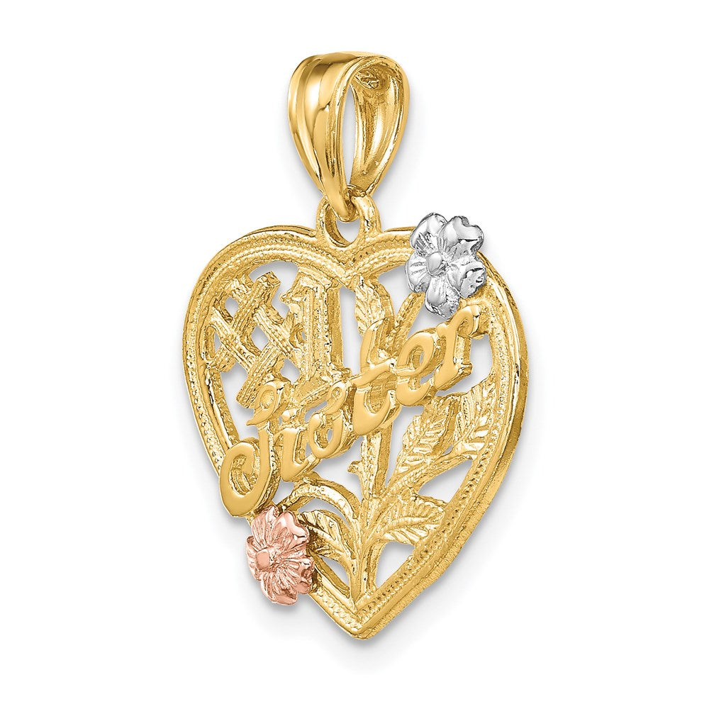 14K Bicolor-Gold (Weiß-Rhodium) Charm "SISTER" auf Herz mit Blumen