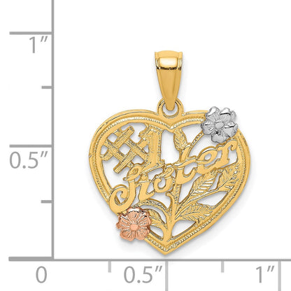 14K Bicolor-Gold (Weiß-Rhodium) Charm "SISTER" auf Herz mit Blumen