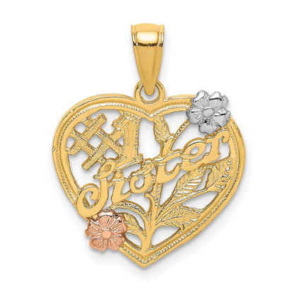 14K Bicolor-Gold (Weiß-Rhodium) Charm "SISTER" auf Herz mit Blumen