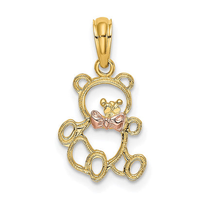 14K Bicolor Ausgeschnitten Teddy Bär mit Schleife Krawatten Charm