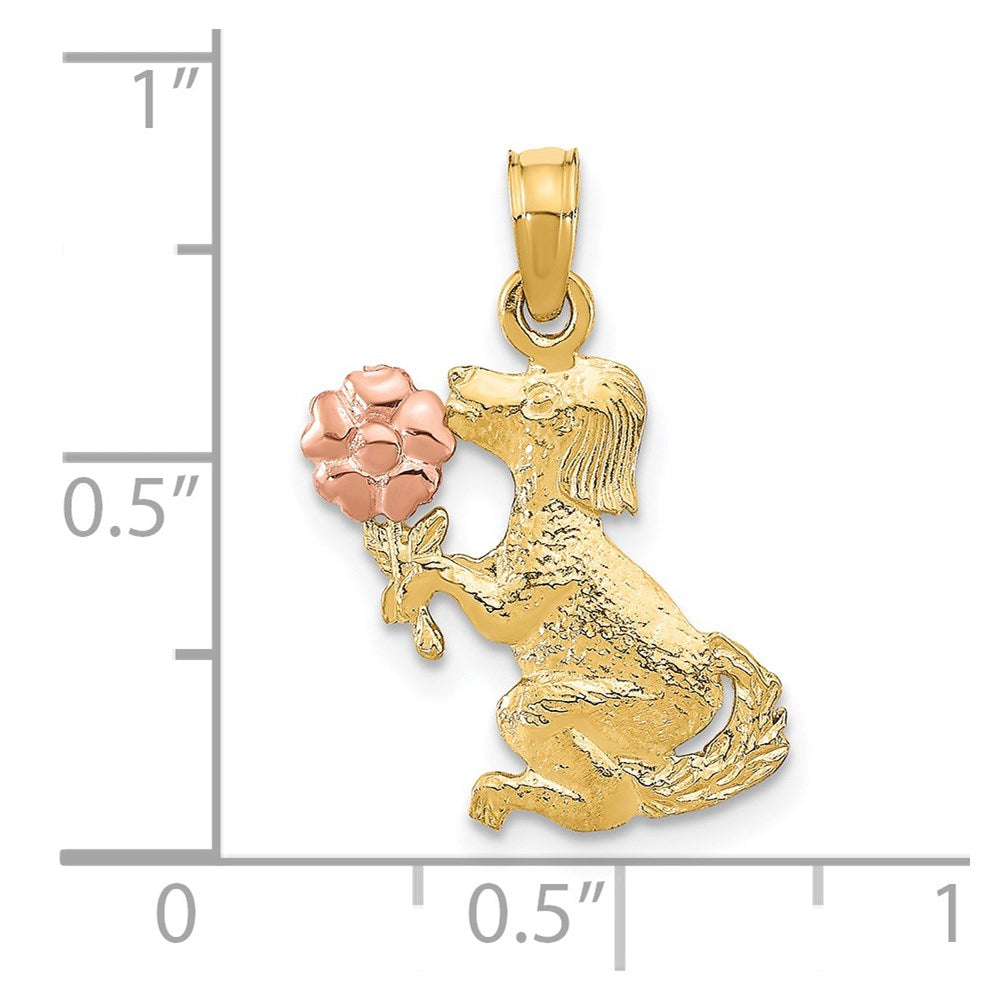 14K Bicolor Hund Holding Blume Charm