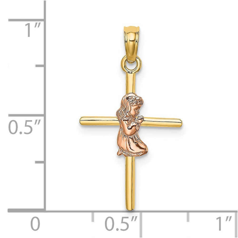 14K Bicolor 2-d Mädchen auf Kreuz Charm