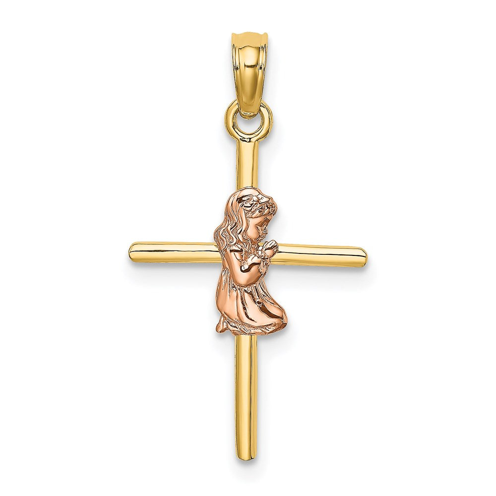 14K Bicolor 2-d Mädchen auf Kreuz Charm