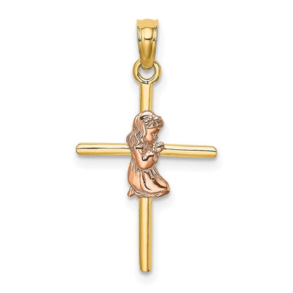14K Bicolor 2-d Mädchen auf Kreuz Charm