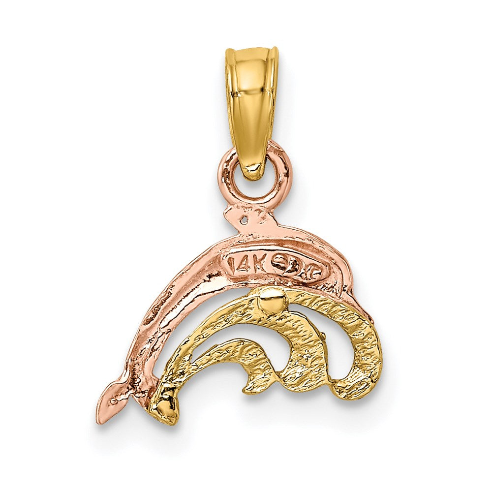 14K Bicolor mit Weiß Rhodium Delfin und Welle Charm