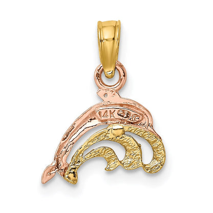 14K Bicolor mit Weiß Rhodium Delfin und Welle Charm