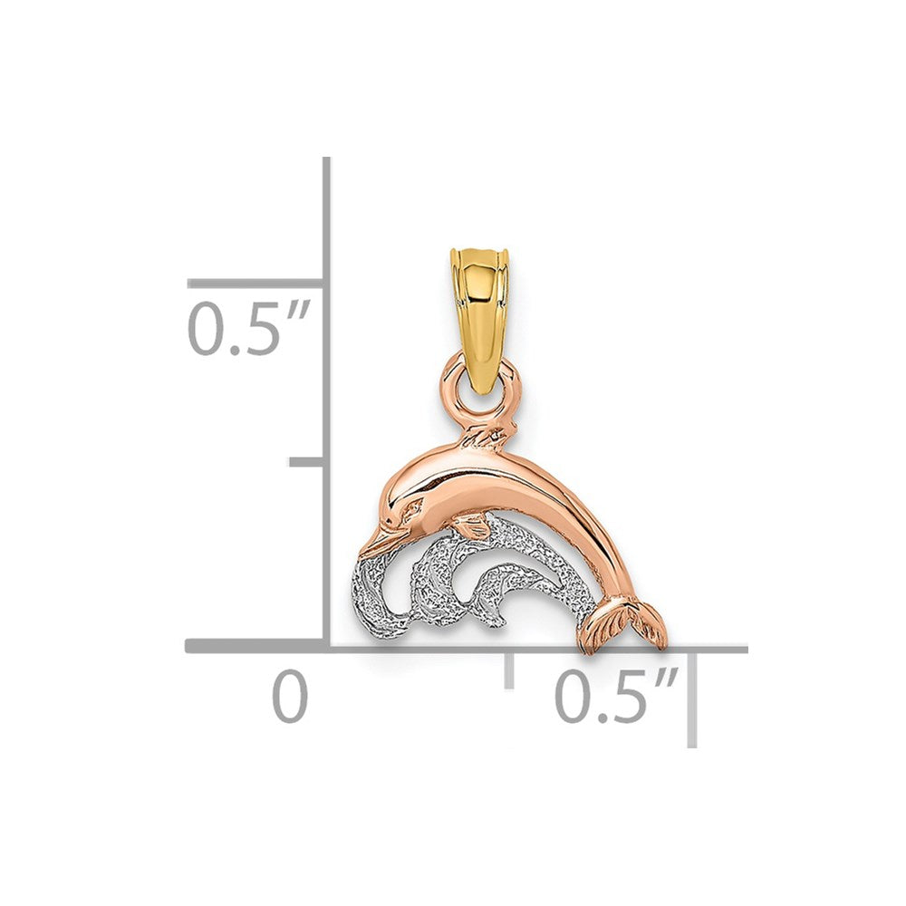 14K Bicolor mit Weiß Rhodium Delfin und Welle Charm