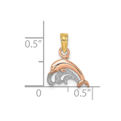 14K Bicolor mit Weiß Rhodium Delfin und Welle Charm