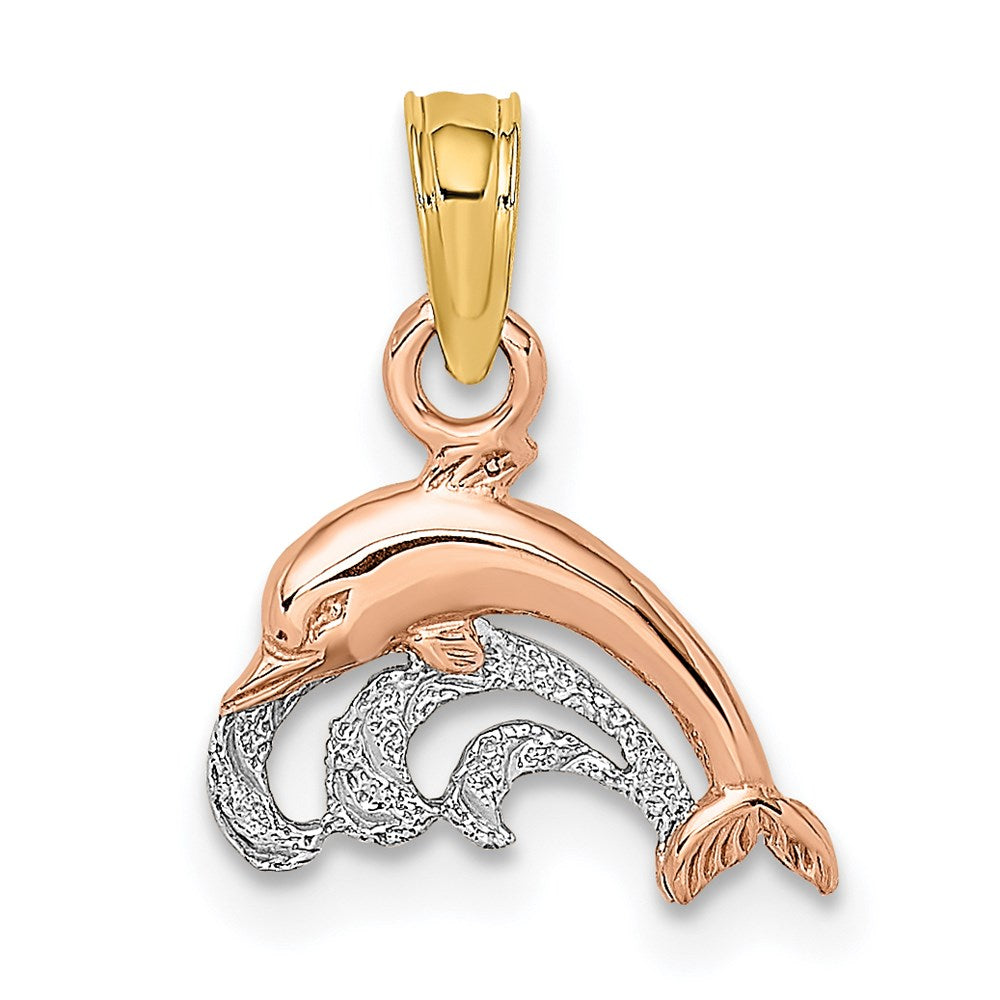 14K Bicolor mit Weiß Rhodium Delfin und Welle Charm
