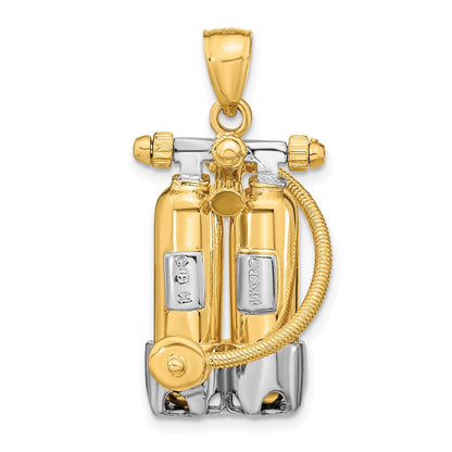 14K Gelb- und Rhodiumgold mit Rhodium 3-D Doppel-Taucherflaschen mit Luftschlauch Charm