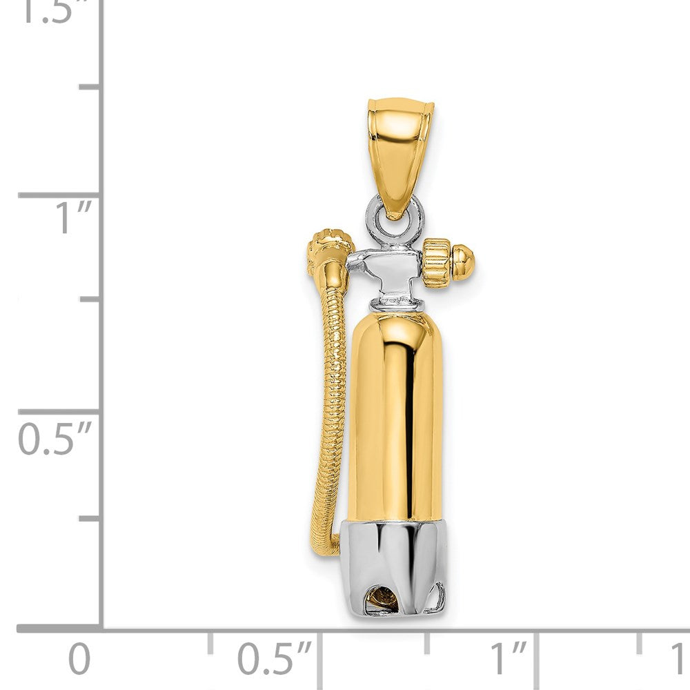 14K Gelb- und Rhodiumgold mit Rhodium 3-D-Einzel-Taucherflasche mit Schlauch-Charm