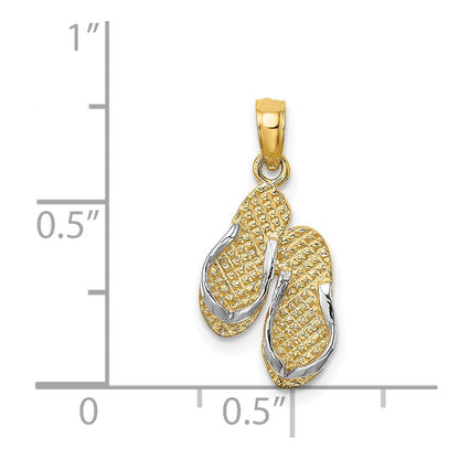 14K Gelb & Rhodium mit Weiß 3d Sanibel Island Doppelt Flip Flop Charm