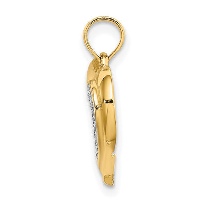 14K Gelb- und Rhodiumgold Charm in Herzform, poliert und texturiert, mit Rhodiumbeschichtung