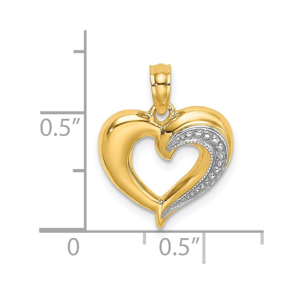 14K Gelb- und Rhodiumgold Charm in Herzform, poliert und texturiert, mit Rhodiumbeschichtung