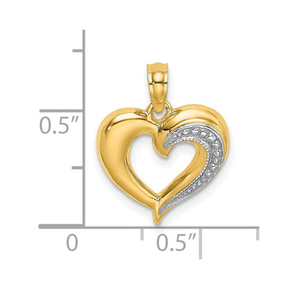 14K Gelb- und Rhodiumgold Charm in Herzform, poliert und texturiert, mit Rhodiumbeschichtung