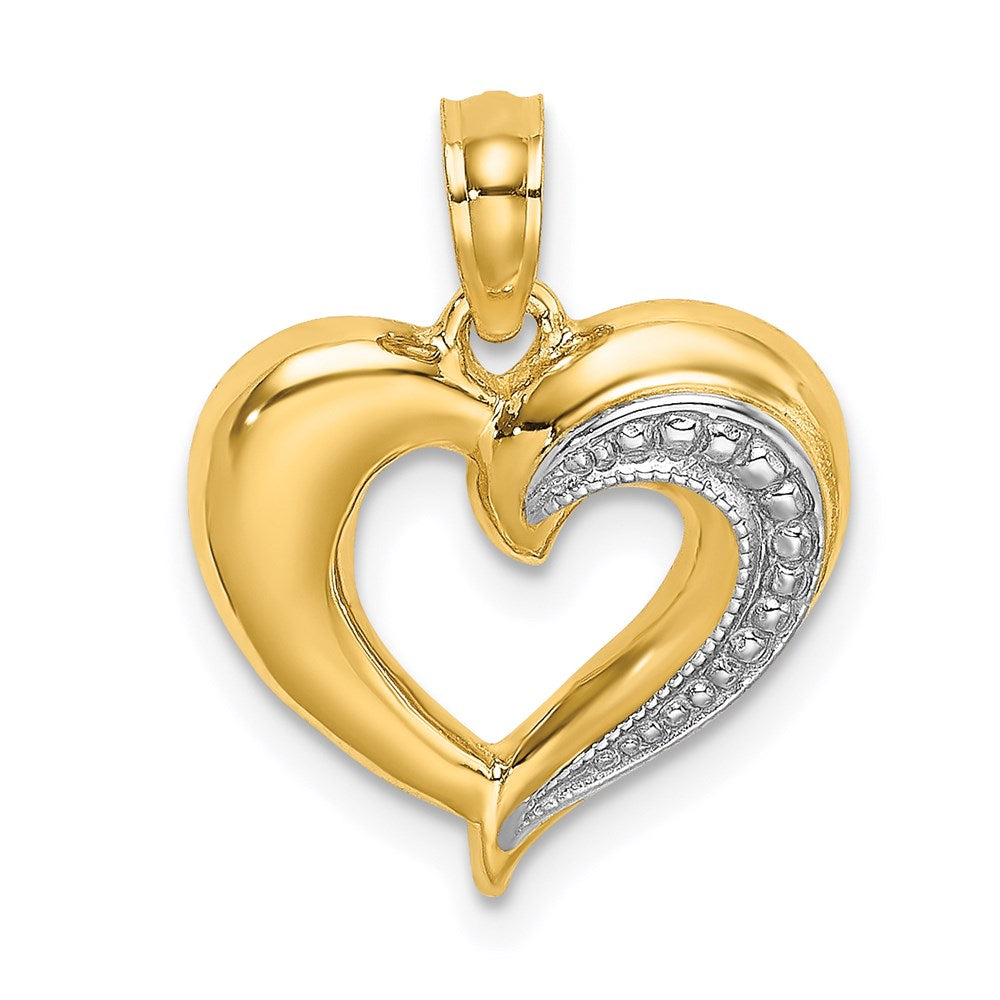 14K Gelb- und Rhodiumgold Charm in Herzform, poliert und texturiert, mit Rhodiumbeschichtung