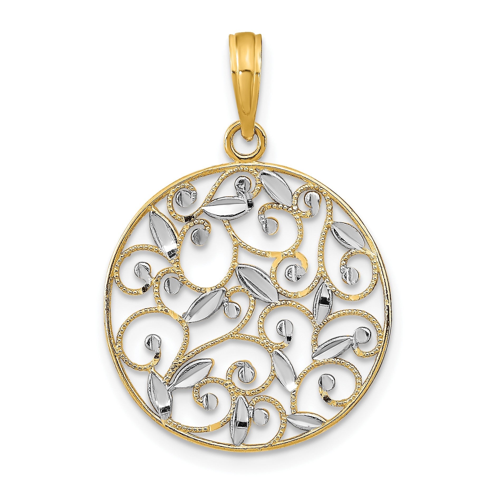 14K Gelb & Rhodium mit Rhodium Diamantiert Filigran Rund Charm