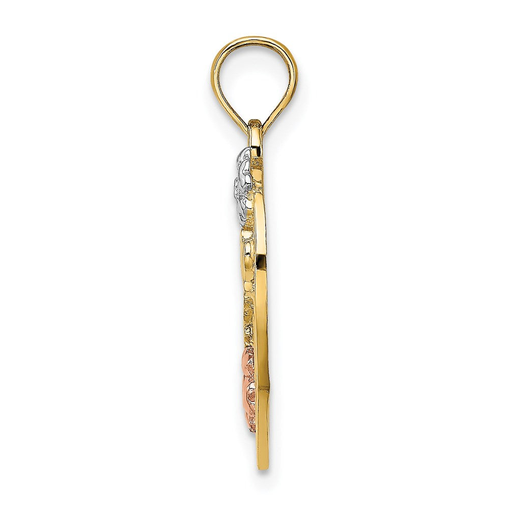 14K Bicolor-Gold (mit Weiß-Rhodium) "#1 MOM" Herz-Charm mit Blume