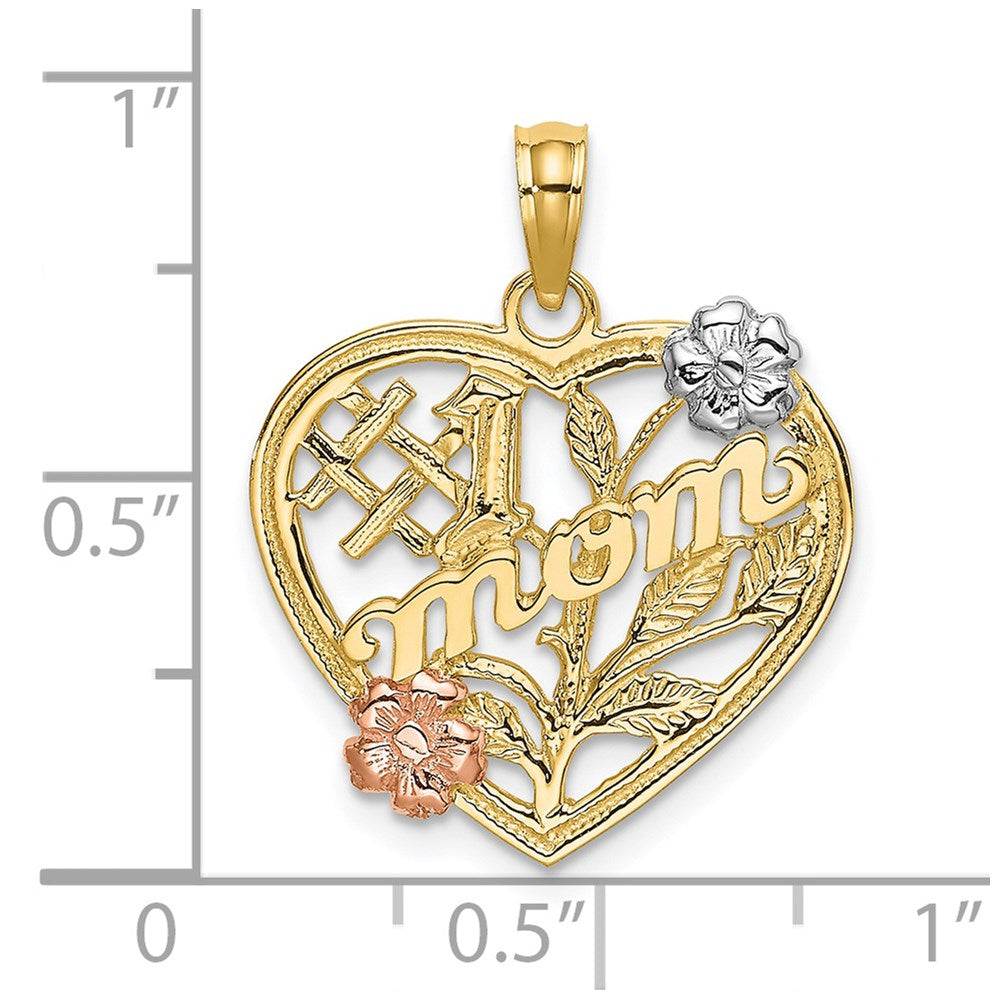 14K Bicolor-Gold (mit Weiß-Rhodium) "#1 MOM" Herz-Charm mit Blume