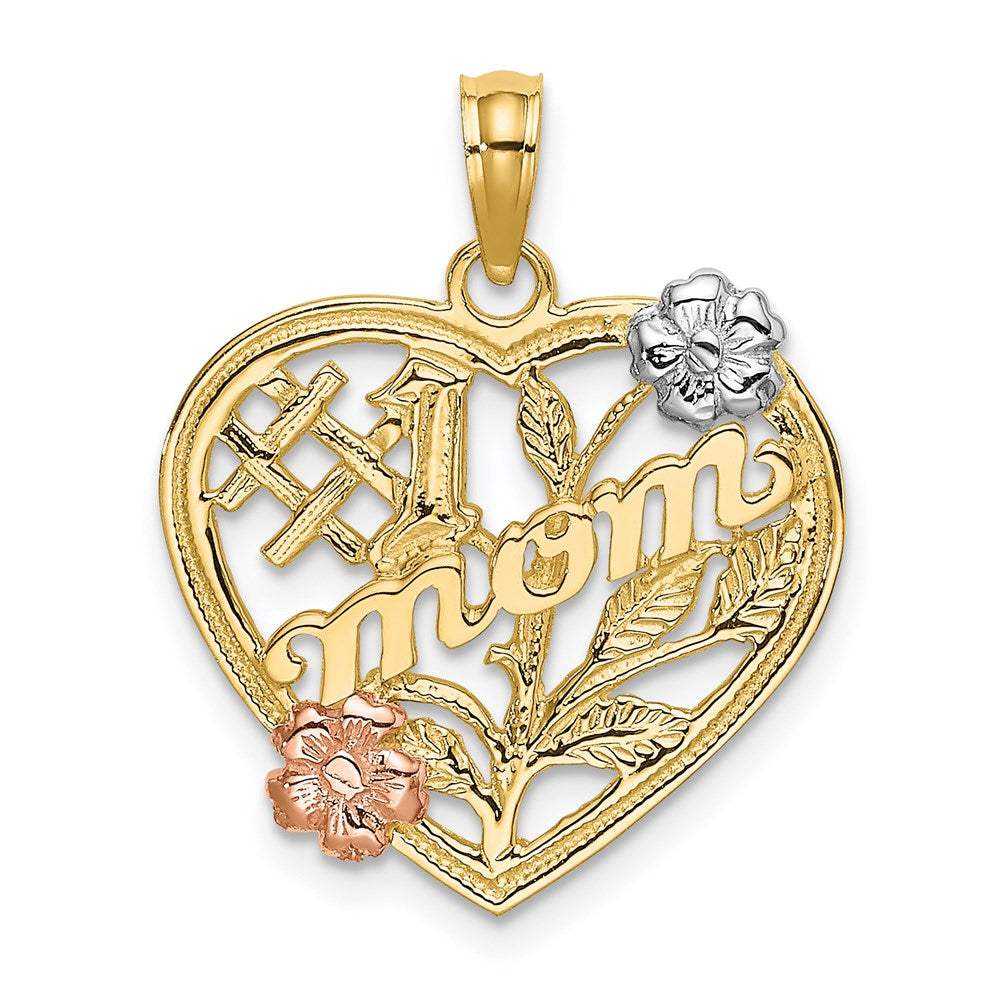 14K Bicolor-Gold (mit Weiß-Rhodium) "#1 MOM" Herz-Charm mit Blume