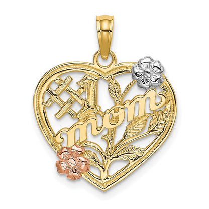 14K Bicolor-Gold (mit Weiß-Rhodium) "#1 MOM" Herz-Charm mit Blume