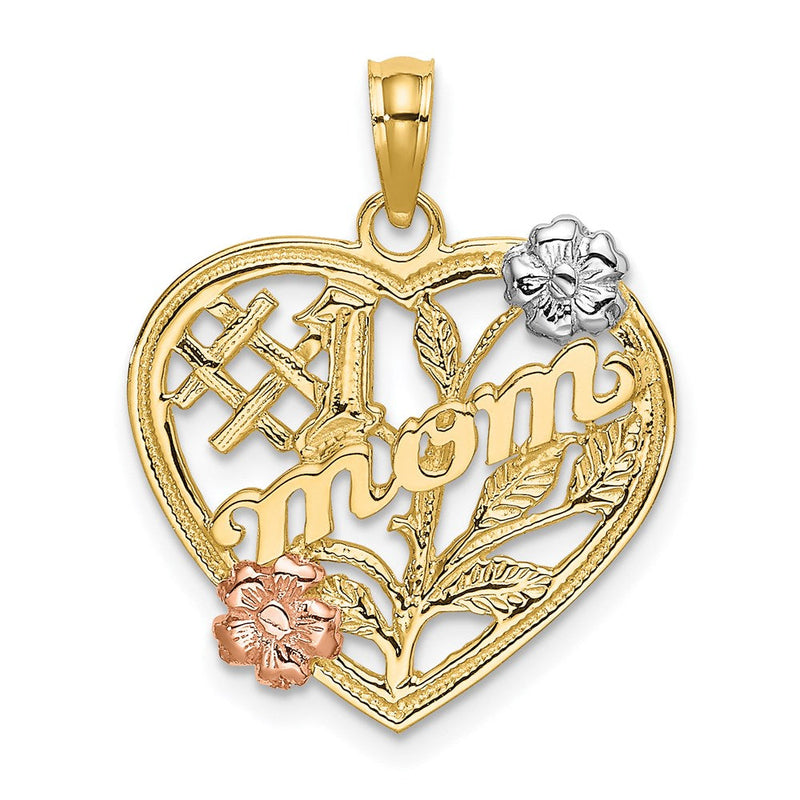 14K Bicolor-Gold (mit Weiß-Rhodium) "#1 MOM" Herz-Charm mit Blume