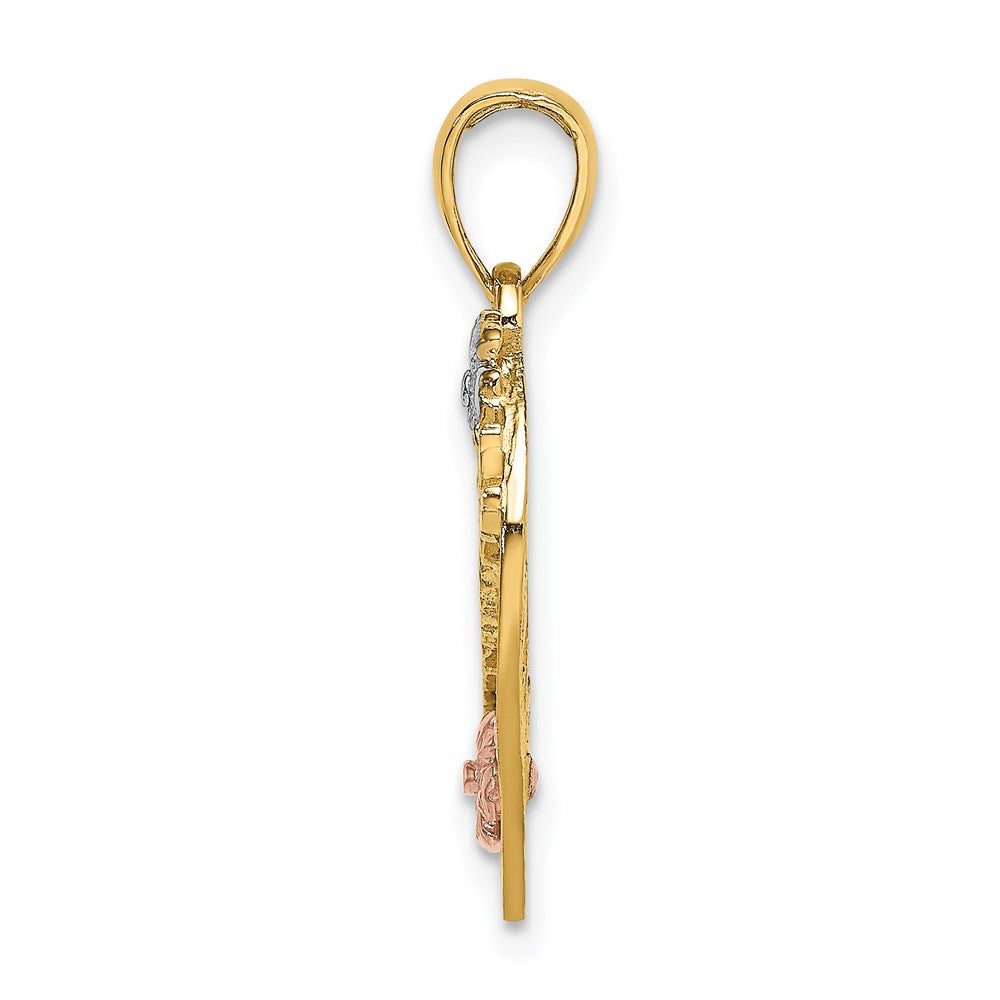 14K Bicolor-Gold Anhänger „#1 GRANDMA" auf Herz mit Blume, mit Weißrhodium-Beschichtung