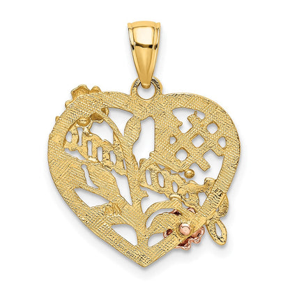 14K Bicolor-Gold Anhänger „#1 GRANDMA" auf Herz mit Blume, mit Weißrhodium-Beschichtung