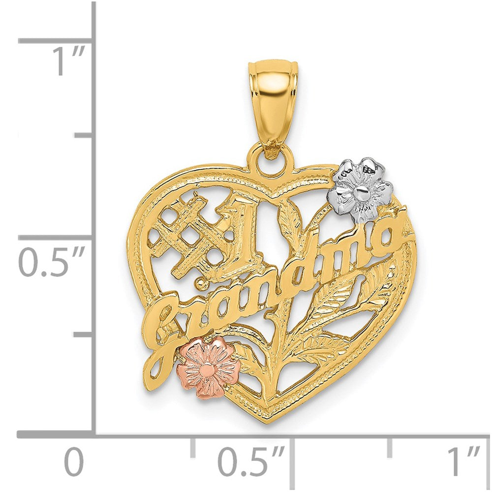 14K Bicolor-Gold Anhänger „#1 GRANDMA" auf Herz mit Blume, mit Weißrhodium-Beschichtung