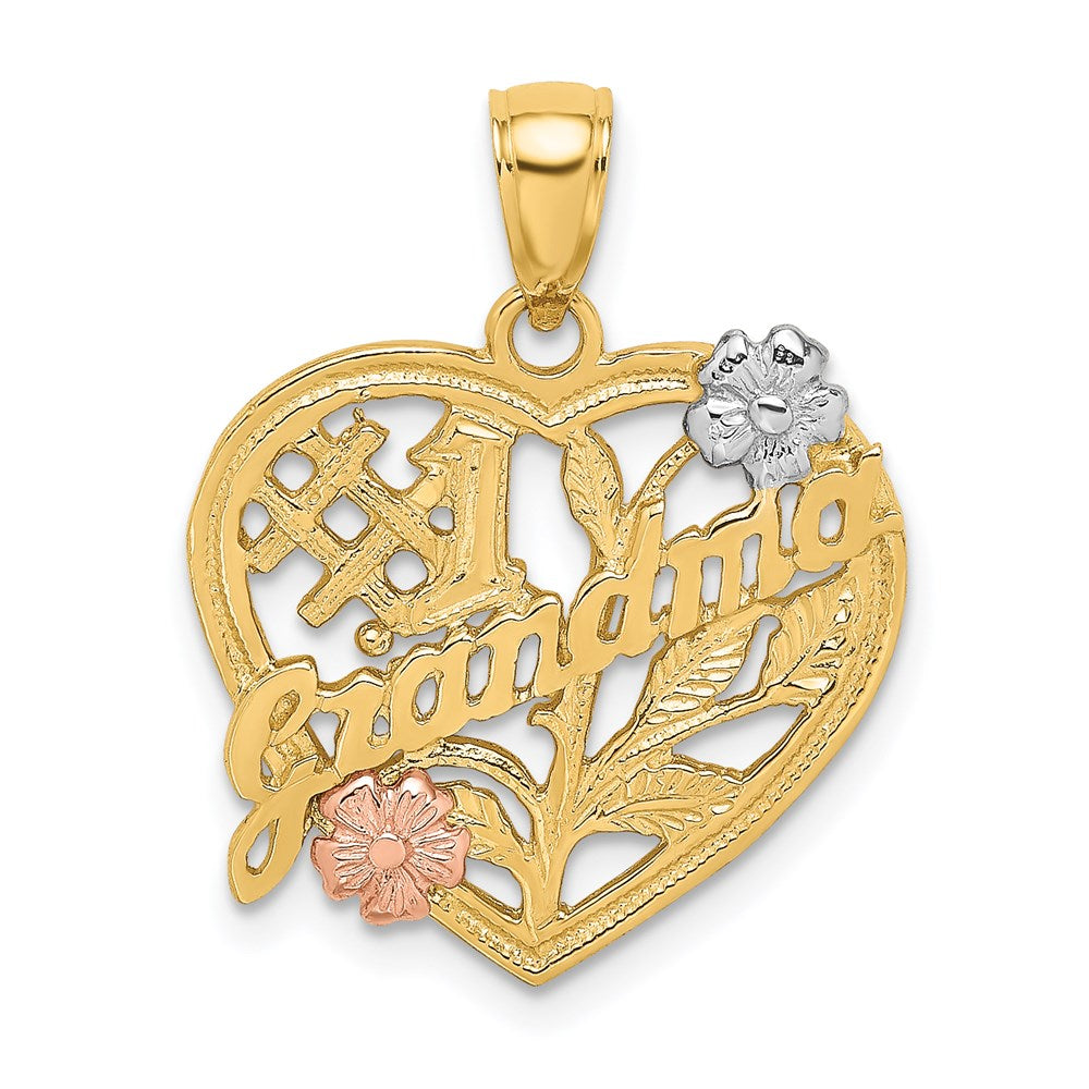 14K Bicolor-Gold Anhänger „#1 GRANDMA" auf Herz mit Blume, mit Weißrhodium-Beschichtung