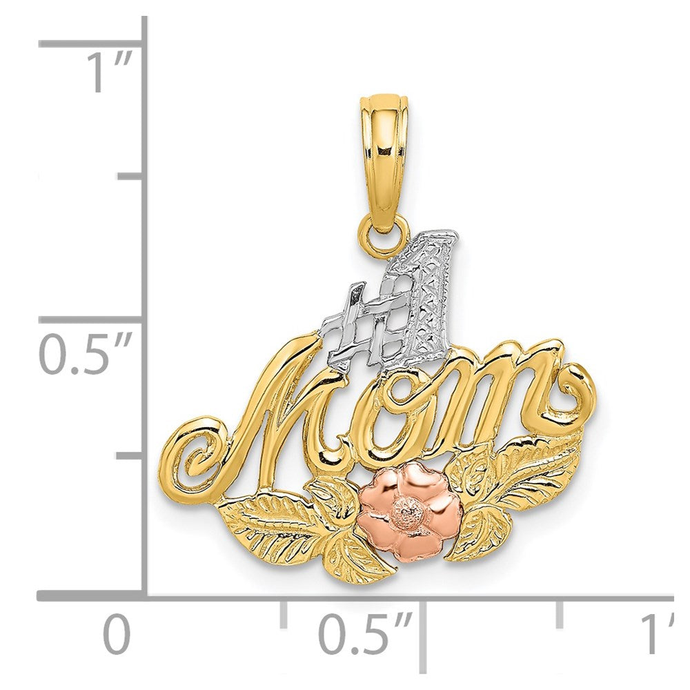 14K Zweifarbiges Gold-Charm mit Weißrhodium „#1 MAMA“ mit Blume