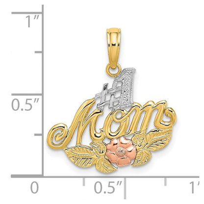 14K Zweifarbiges Gold-Charm mit Weißrhodium „#1 MAMA“ mit Blume