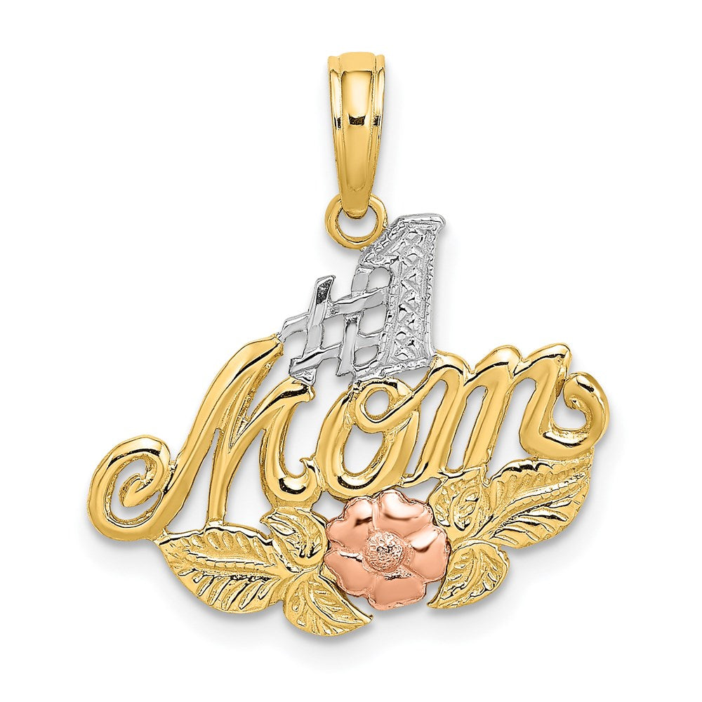 14K Zweifarbiges Gold-Charm mit Weißrhodium „#1 MAMA“ mit Blume