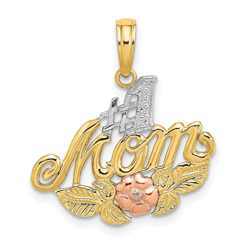 14K Zweifarbiges Gold-Charm mit Weißrhodium „#1 MAMA“ mit Blume
