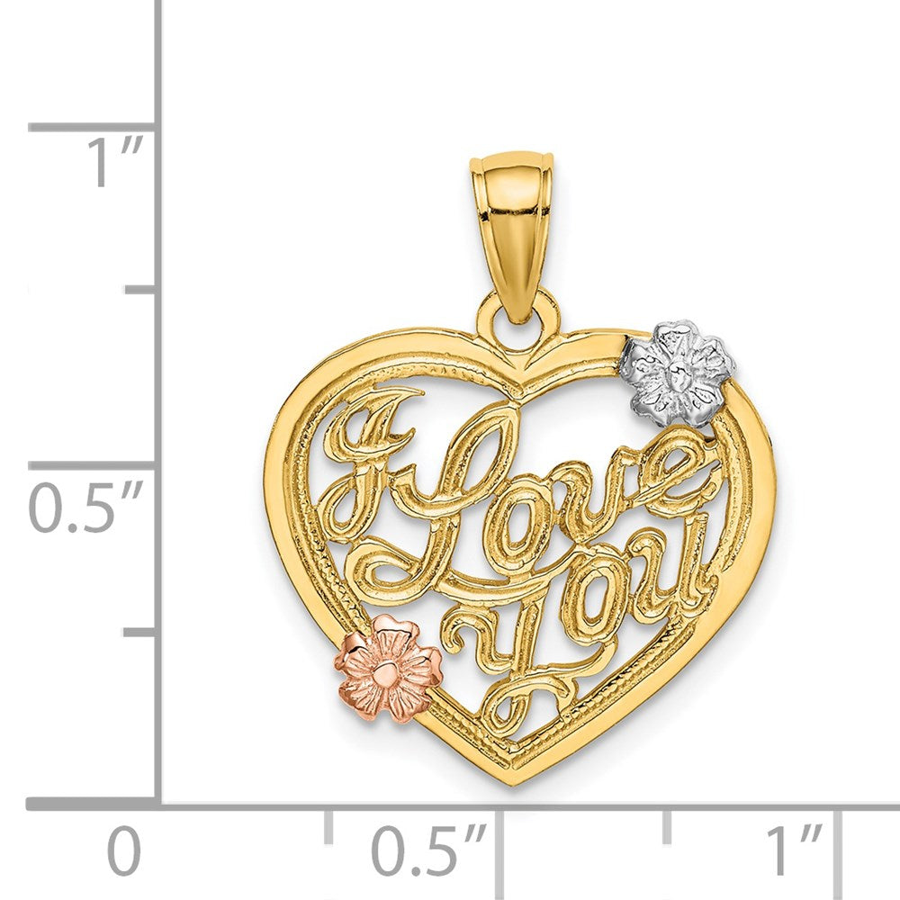 14K Bicolor-Gold mit Weiß-Rhodium „I LOVE YOU“-Herz-Charm mit Blumen
