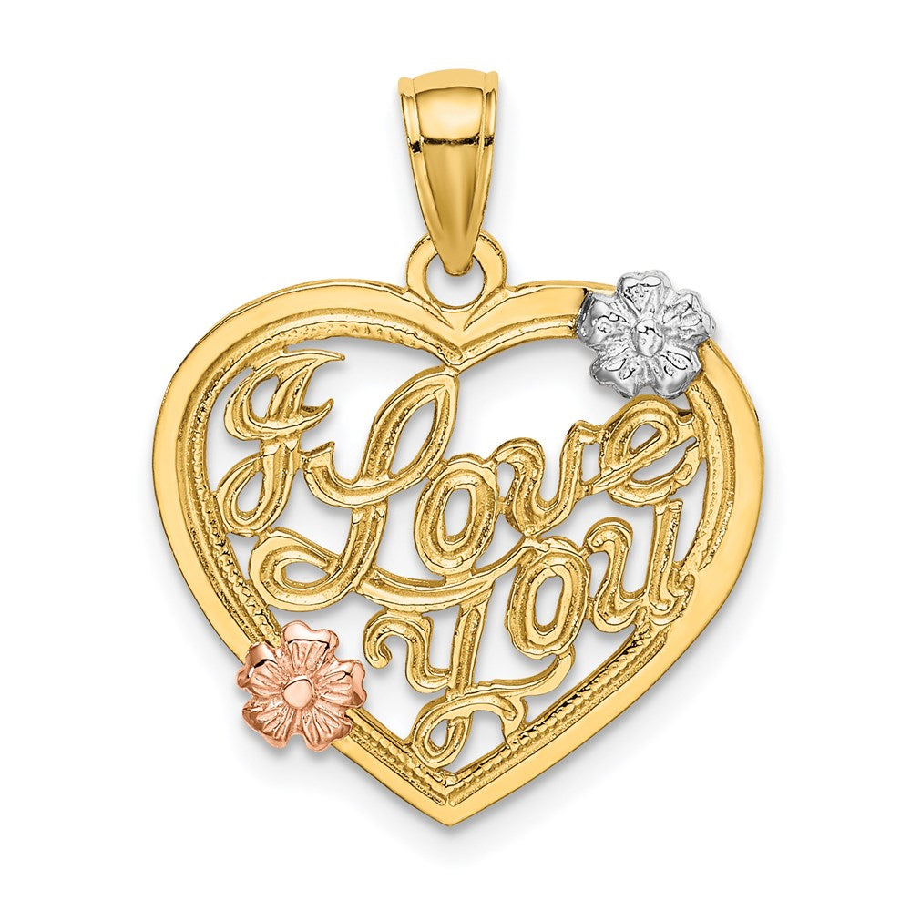 14K Bicolor-Gold mit Weiß-Rhodium „I LOVE YOU“-Herz-Charm mit Blumen