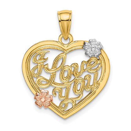 14K Bicolor-Gold mit Weiß-Rhodium „I LOVE YOU“-Herz-Charm mit Blumen
