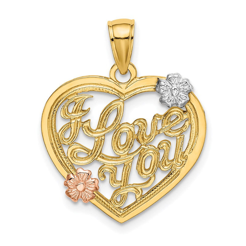 14K Bicolor-Gold mit Weiß-Rhodium „I LOVE YOU“-Herz-Charm mit Blumen