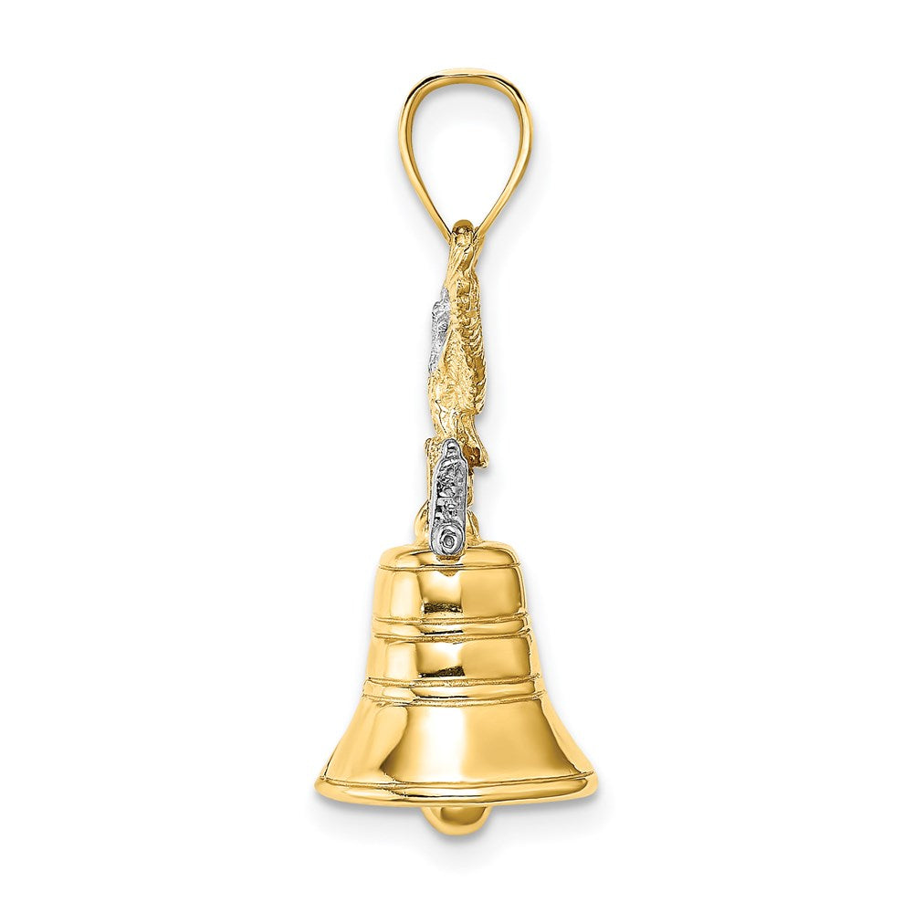 14K Gelb- und Rhodiumgold mit Rhodium, 3D beweglicher Freiheitsglocken-Charm mit Adler-Krone