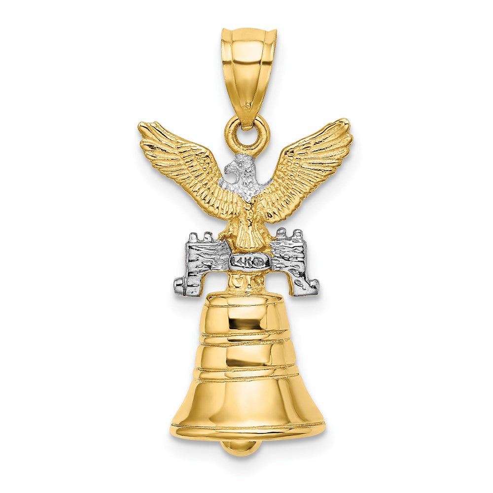 14K Gelb- und Rhodiumgold mit Rhodium, 3D beweglicher Freiheitsglocken-Charm mit Adler-Krone