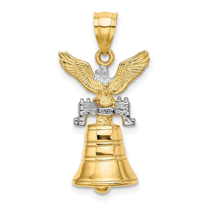14K Gelb- und Rhodiumgold mit Rhodium, 3D beweglicher Freiheitsglocken-Charm mit Adler-Krone