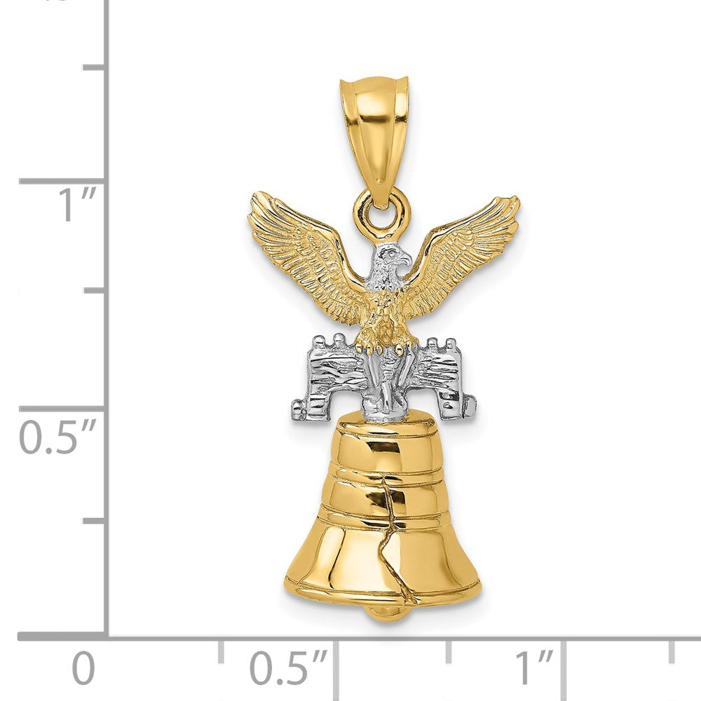 14K Gelb- und Rhodiumgold mit Rhodium, 3D beweglicher Freiheitsglocken-Charm mit Adler-Krone