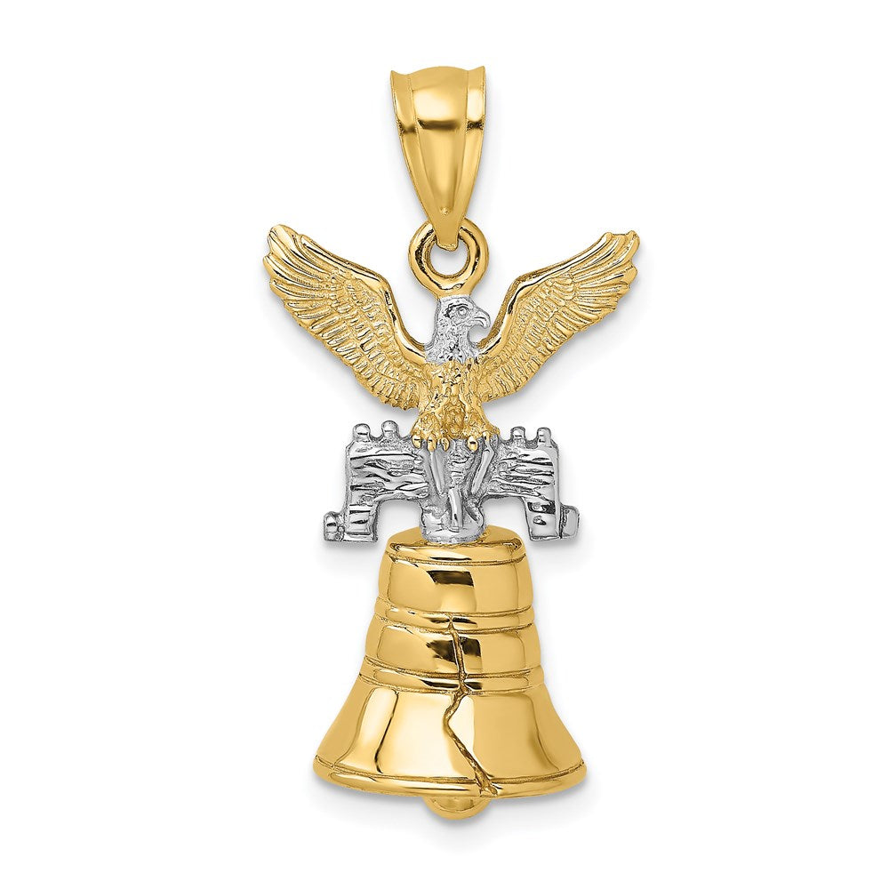 14K Gelb- und Rhodiumgold mit Rhodium, 3D beweglicher Freiheitsglocken-Charm mit Adler-Krone
