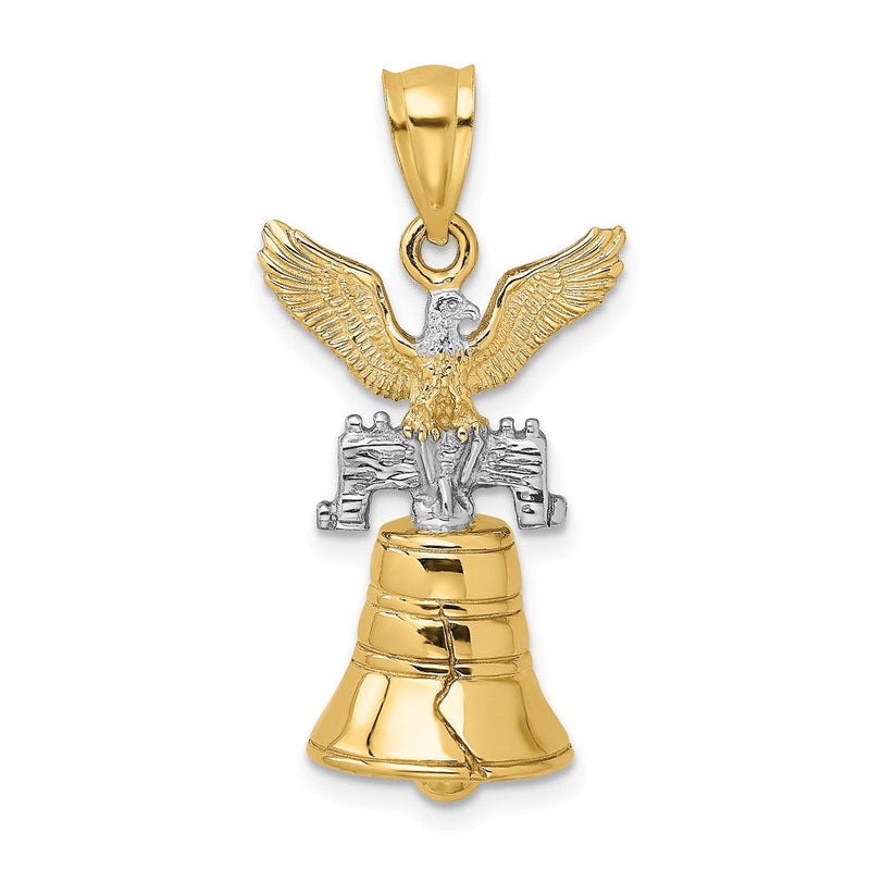 14K Gelb- und Rhodiumgold mit Rhodium, 3D beweglicher Freiheitsglocken-Charm mit Adler-Krone
