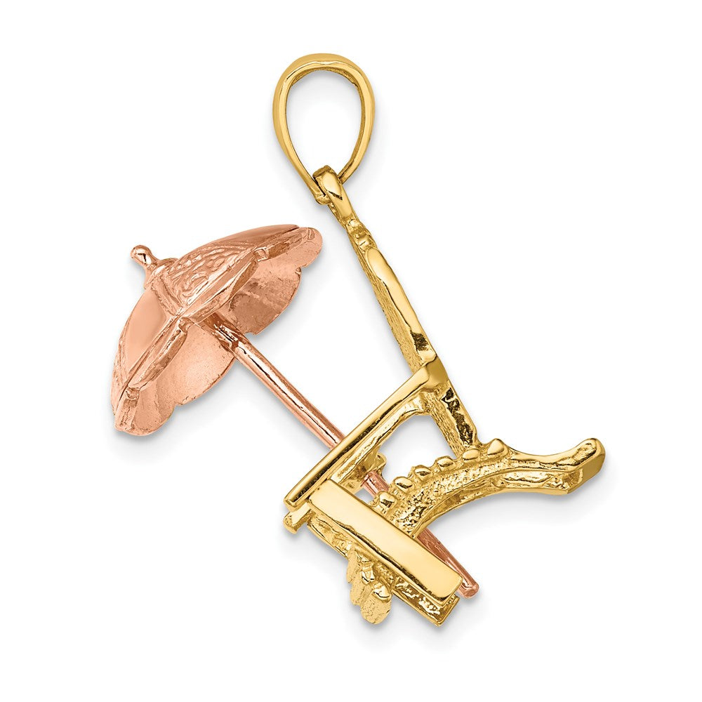 14k Bicolor-Gold (Rosé- und Gelbgold) 3-D-Strandstuhl-Charm mit Sonnenschirm