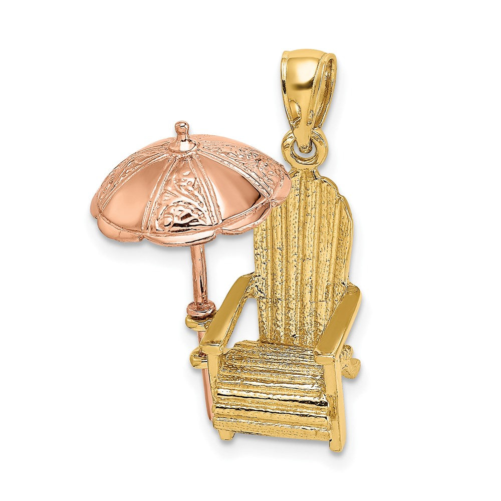 14k Bicolor-Gold (Rosé- und Gelbgold) 3-D-Strandstuhl-Charm mit Sonnenschirm