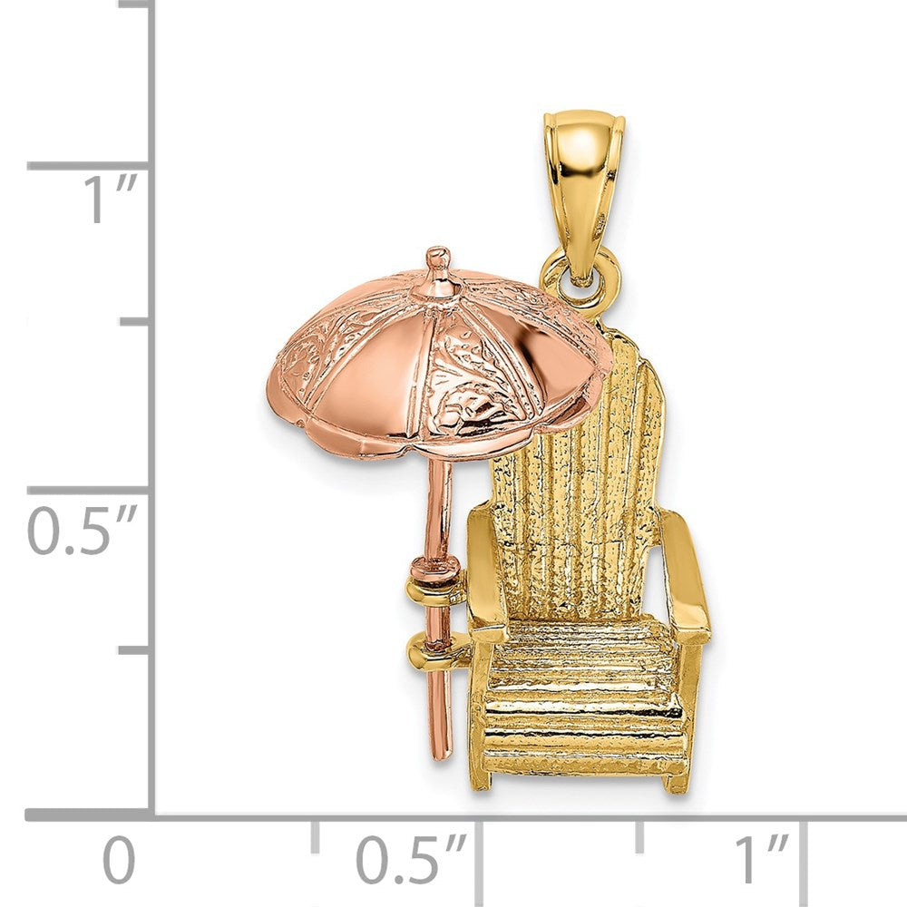 14k Bicolor-Gold (Rosé- und Gelbgold) 3-D-Strandstuhl-Charm mit Sonnenschirm