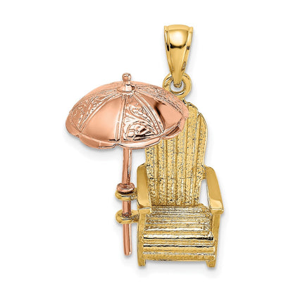 14k Bicolor-Gold (Rosé- und Gelbgold) 3-D-Strandstuhl-Charm mit Sonnenschirm